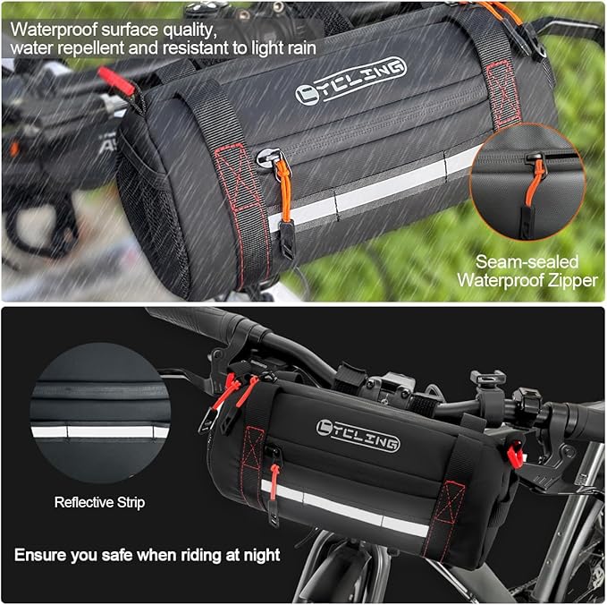 Bike Handlebar Bag, Waterproof Bicycle Front Roll Bag with Reflective Area, Cycling Storage Pouch with Waterproof Zipper Shoulder Strap Removable Straps for Road Mountain E-Bikes