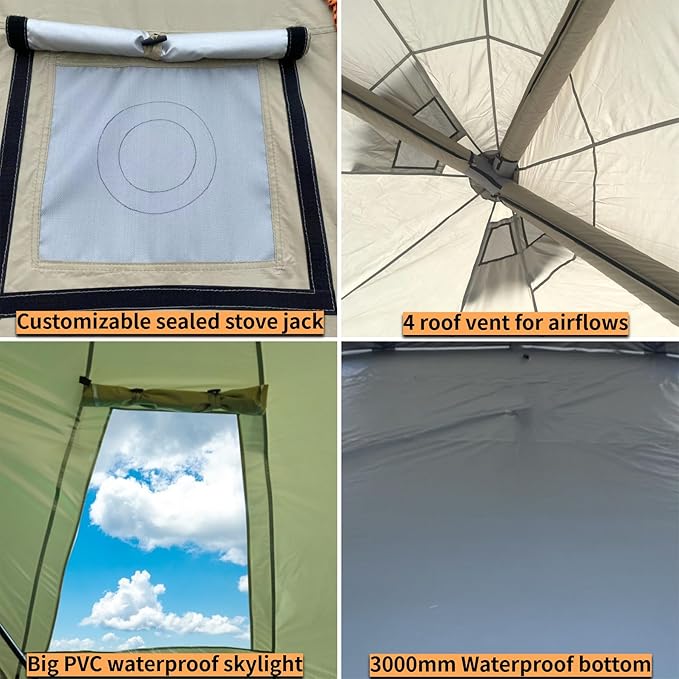 DANCHEL OUTDOOR B2I Waterproof Inflatable Camping Tent with Stove Jack for 1-3 Person, No Center Pole Portable Blow up Galmping Yurt with Pump, 300D Oxford Polyester Bell Tent Hiking, 29lbs, 3m