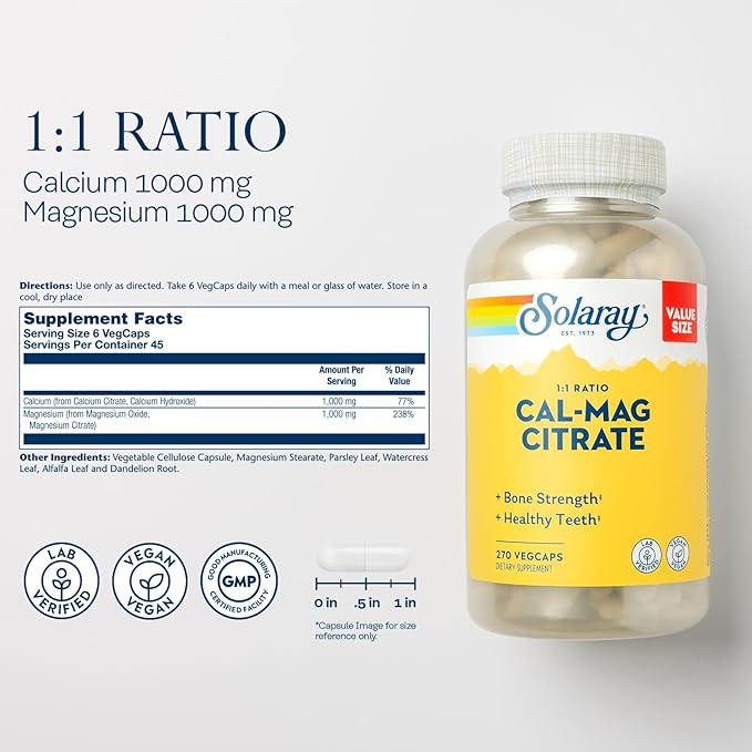 Solaray Calcium Magnesium Citrate 1000mg 1:1 Ratio, Bone Strength Supplement, Muscle, Nerve and Bone Health Support, Chelated for High Absorption, 60-Day Guarantee, 45 Servings, 270 VegCaps