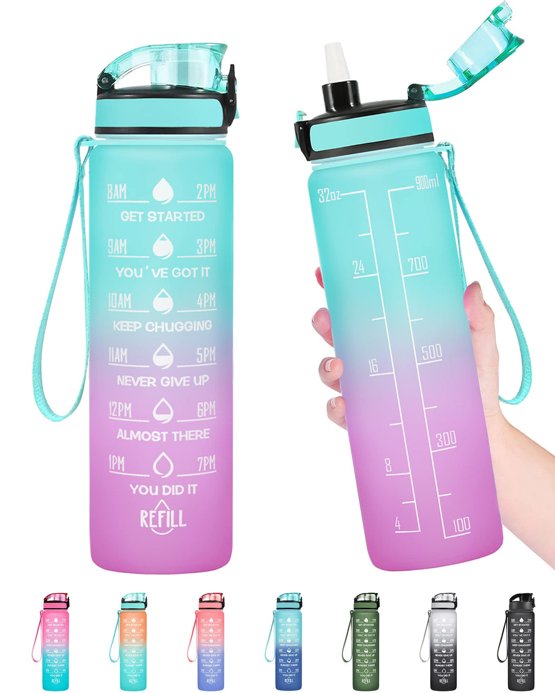 Enerbone 32 oz Water Bottle, Leakproof BPA & Toxic Free, Motivational Water Bottle with Times to Drink and Straw, Fitness Sports Water Bottle with Strap for Office, Gym, Outdoor Sports, Green-Purple