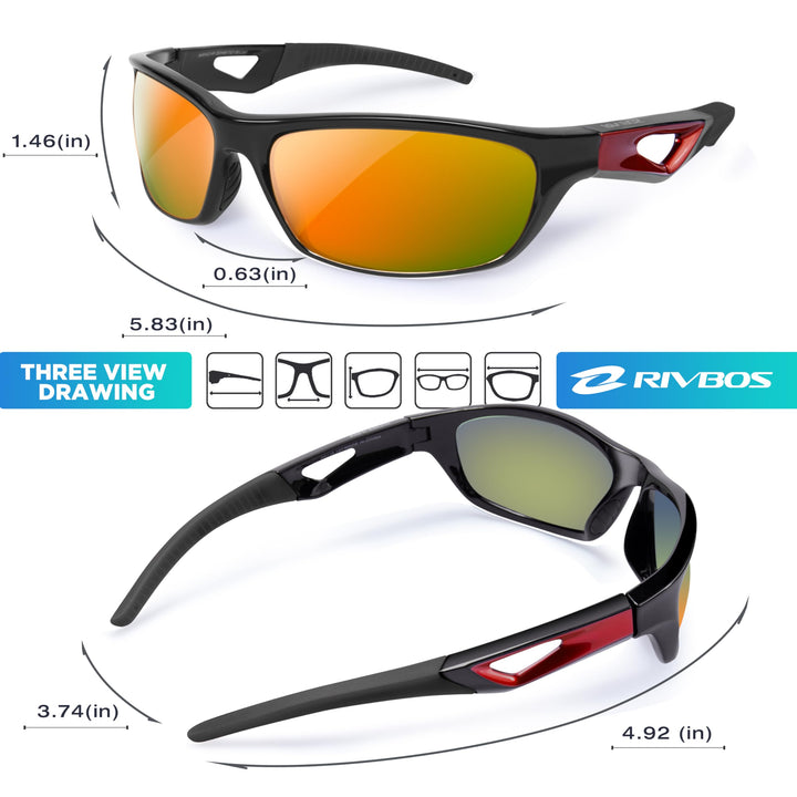 RIVBOS Polarized Sports Sunglasses Driving Sun Glasses Shades for Men Women Tr 90 Unbreakable Frame for Cycling Baseball Run Rb831 (Black&Red Mirror Lens), Large
