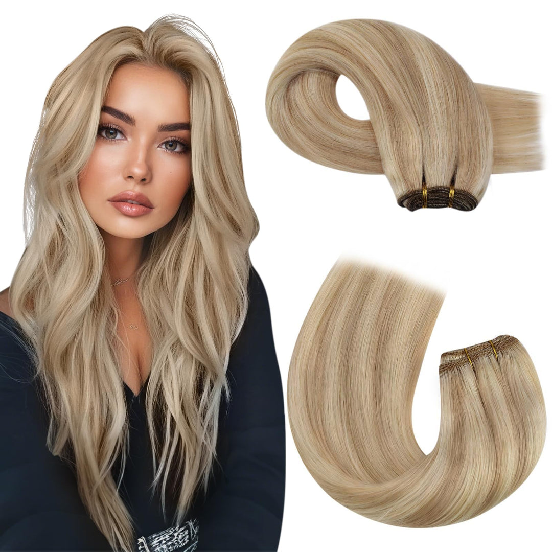 Moresoo Sew In Hair Extensions Real Human Hair Highlight Blonde Double Weft Remy Hair Extensions Human Hair Weft Dark Ash Blonde