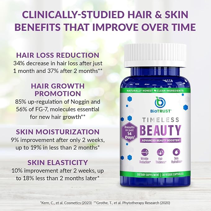 BioTrust Timeless Beauty Ceramide Booster – Hair & Skin Restoring Phytoceramides Supplement + Vitamin C, Vitamin E, Biotin, Zinc, Hyaluronic Acid – Potent Blend for Hair, Skin & Nails - 30 Capsules