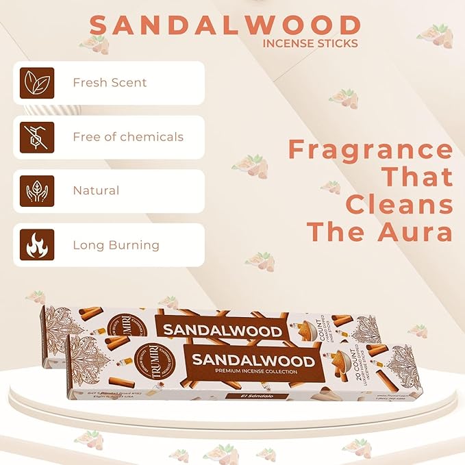 Sandalwood Incense Sticks - Incienso de Sándalo - Total 40 Insence-Sticks - Dual Pack of 20 Insense - Inciensos - Inscents - Natural Non Toxic Ingredients - Incents - Incence - Inscense - Insents