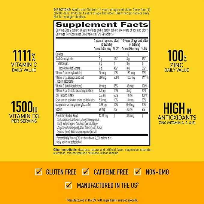 Airborne 1000mg Vitamin C + Zinc Immune Support Supplement Chewable Tablets, Citrus Flavor with Powerful Antioxidants Vitamins A C & E, 116 Chewable Tablets (2 Pack)