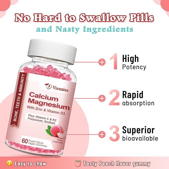 High Absorption Calcium Gummies, Sugar Free Calcium Magnesium Zinc Gummies with Vitamin D3 for Men and Women, Peach Flavored 60 Cts
