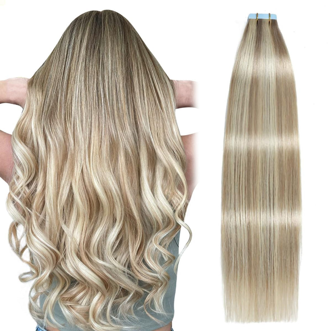 SUYYA Tape in Hair Extensions Human Hair Ash Blonde Highlighted Bleach Blonde 30 Inch 60g/pack 20pcs Straight Seamless Skin Weft Tape in Real Human Hair Extensions (30 inch #P18/613)