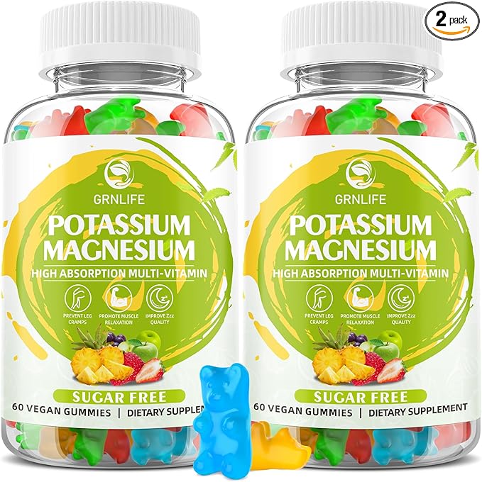 Potassium Magnesium Supplement Gummies, Potassium Gummies for Adults Kids, High Absorption Magnesium Glycinate for Leg Cramps & Immune Health, Sugar-Free, Vegan Mixed Flavors, 120 Count