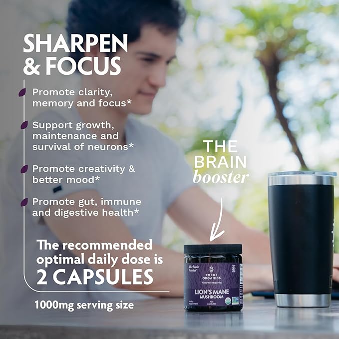 TRIBE ORGANICS Lion’s Mane Supplement 1800mg Mushroom Extract Powder - Immune System Booster & Brain Nootropic for Focus and Memory | Mental Clarity | Natural Energy and Immunity - 120 Vegan Capsules