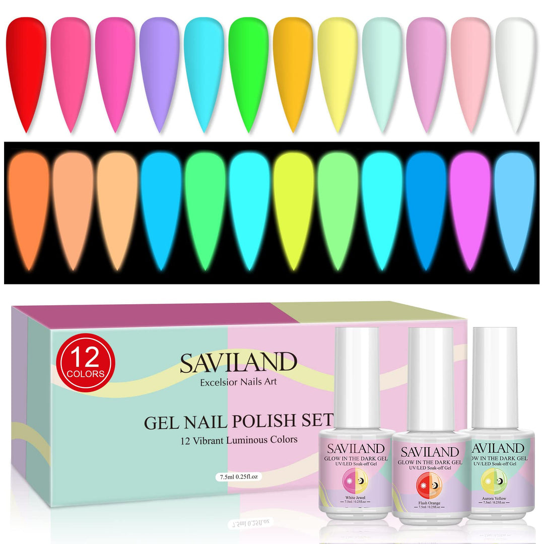 Saviland Glows In The Dark Gel Nail Polish Set - 12 Holiday Colors Luminous Neon Nail Gel Polish Set Soak Off U V/Led Glow Effec