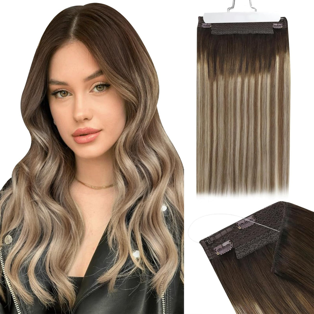Ugeat Wire Hair Extensions Balayage Chocolate Brown Mix Medium Brown Ombre Light Blonde Invisible Wire Real Human Hair Extension