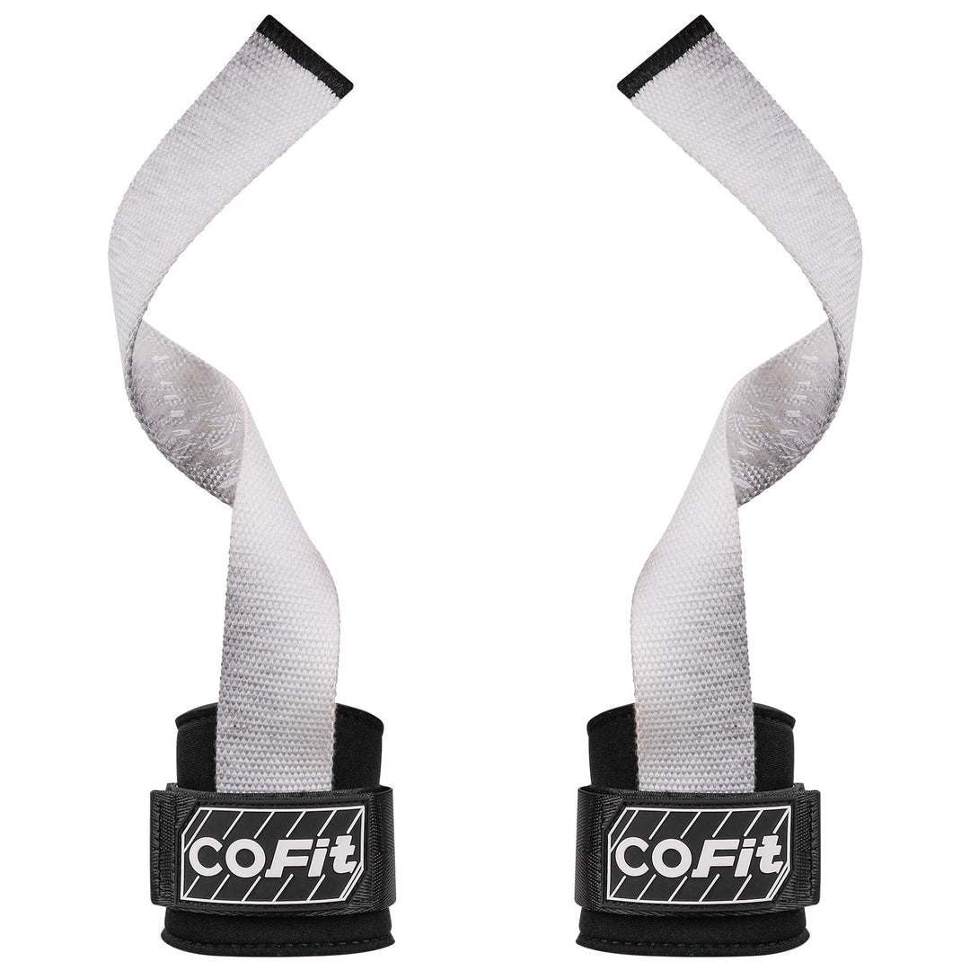 COFIT Workout Lifting Straps, Heavy Duty Weightlifting Wrist Straps with Extensive Cotton Padding Area, Enhanced Grip for Deadlifts, Powerlifting, Pull-Ups, Strength Training - White and Gray