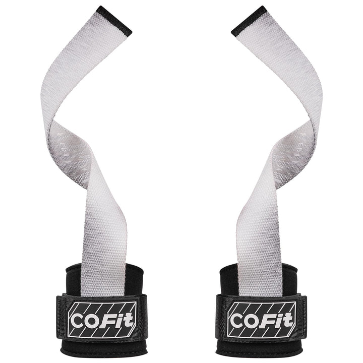 COFIT Workout Lifting Straps, Heavy Duty Weightlifting Wrist Straps with Extensive Cotton Padding Area, Enhanced Grip for Deadlifts, Powerlifting, Pull-Ups, Strength Training - White and Gray