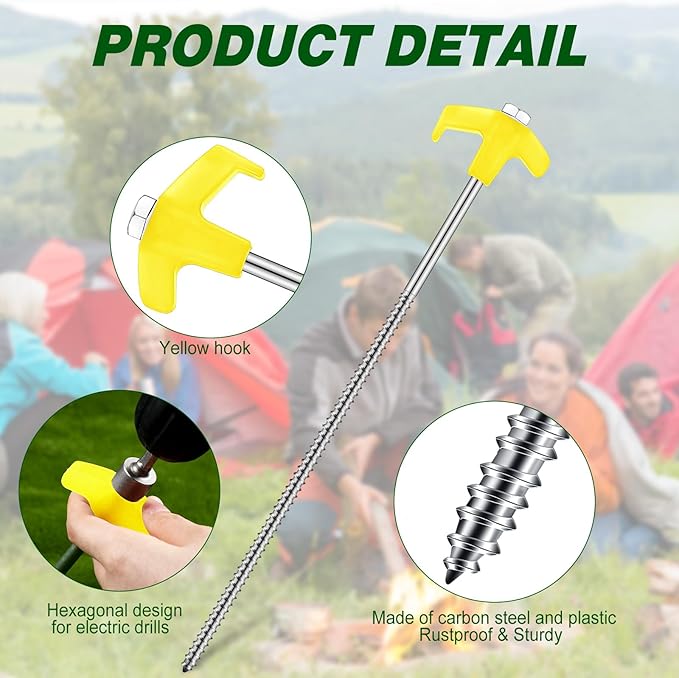 Hicarer 12 Inch Tent Stakes Screw in Camping Stakes Heavy Duty Metal Stake Ground Anchor Peg Threaded Tent Spikes with Hex Head Driver for Camping Garden Inflatable