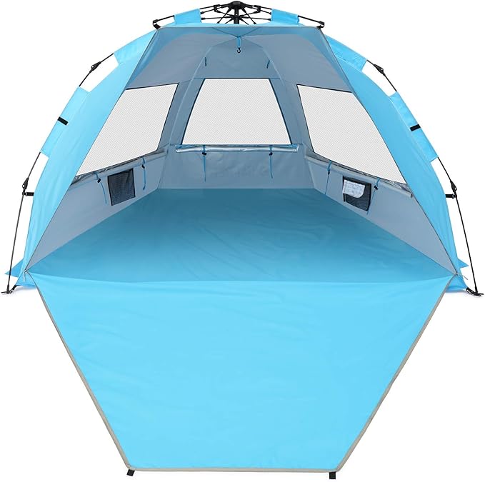 G4Free 3-4 Person Beach Tent Pop Up Shade, Lightweight UPF 50+ Beach Sun Shelter Family Size, Easy Setup and Portable Sun Shade Canopy Cabana(Bright Silver)