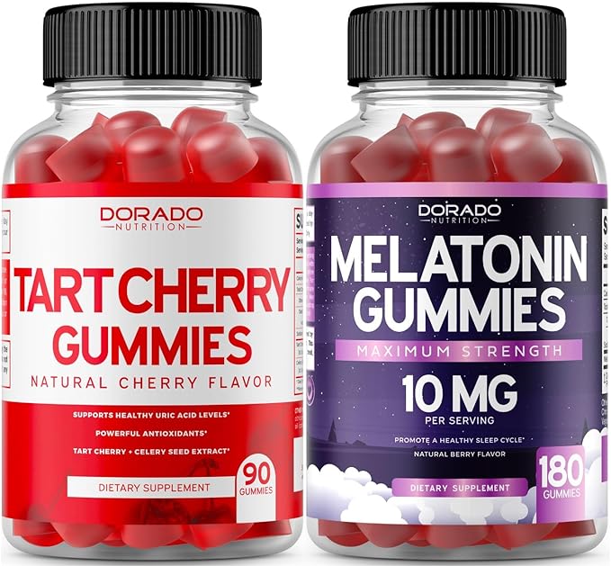 Tart Cherry Gummies Uric Acid Level Support (90 Count) - Advanced 2400mg Equivalent Extract with Celery Seed Melatonin for Adults (180 Count) - Quick Dissolve Melatonin 20mg - NonGMO, Vegan & USA Made