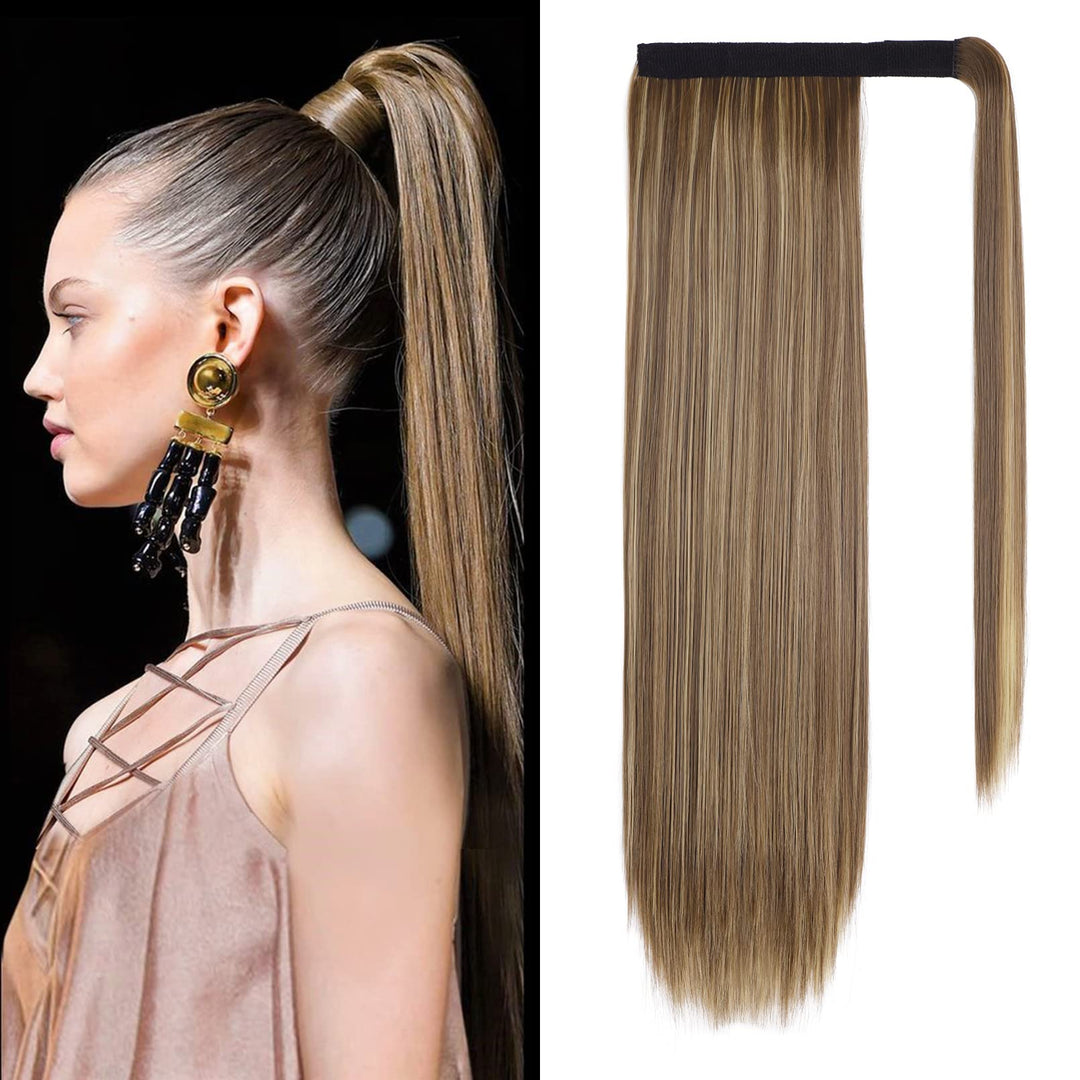 SEIKEA Clip in Ponytail Extension Wrap Around Long Straight Ponytail Natural Soft Synthetic Hairpiece for Women 28 Inch- Brown Ash Blonde Mix