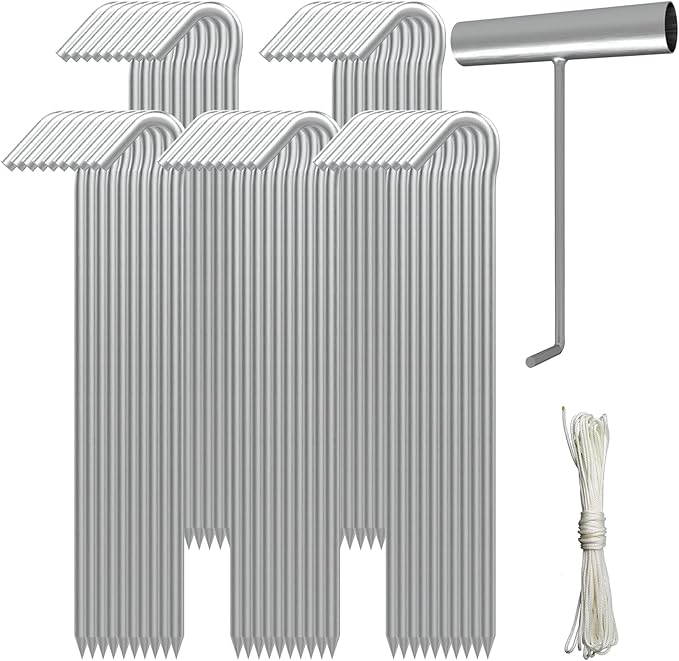 AAGUT 50 Pack Inflatable Stakes and Tethers, 9" Metal Camping Tent Stakes, Galvanized Garden Edging Fence Hooks, Ground Stakes for Trap and Christmas Decorations, Canopy Pegs with and Ties and T Hook