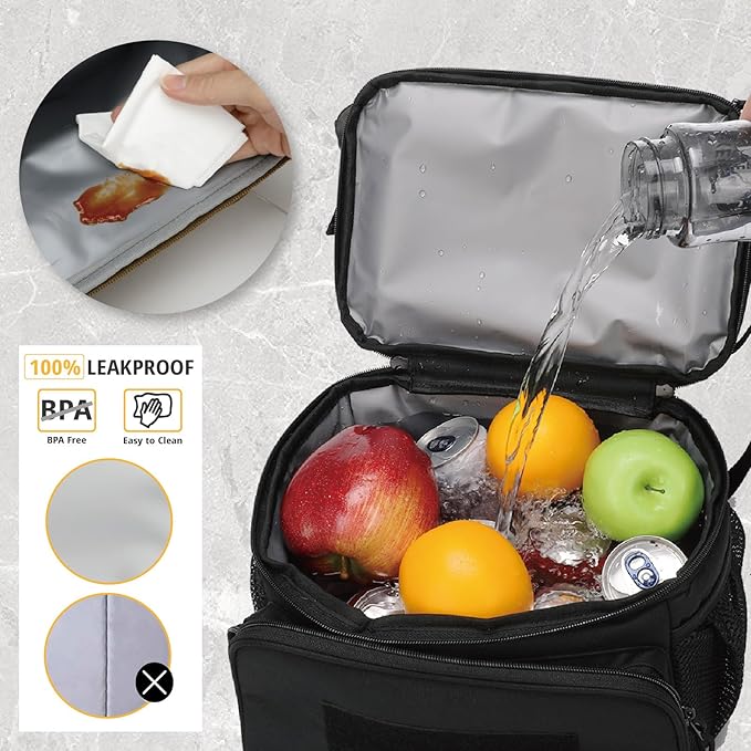 ATRIPACK 2 Compartment Lunch Bag for Men Adult, Tactical Lunch Box Leakproof Insulated Large Cooler Bag for Work with Adjustable Shoulder Strap Flag Double Layer Lunch Pail（Black）