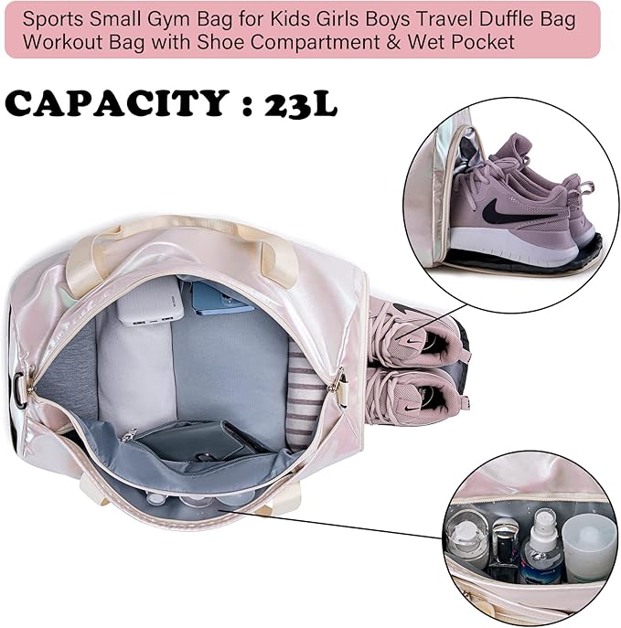 Gym Bag Sports Duffle Bag with Wet Pocket Weekender Overnight Bag with Waterproof Shoe Pouch and Air Hole for Women Girls Travel Foldable Bag (Metallic Beige)