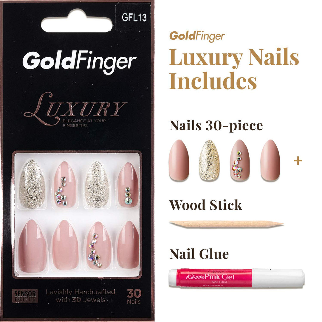 Halloween Nails Kiss Gold Finger Luxury Nail Lavishly Handcrafted with 3D Jewels 30 Long Design Nails/Pink Gel Glue 2ml / Manicure Stick Included (GFL13)