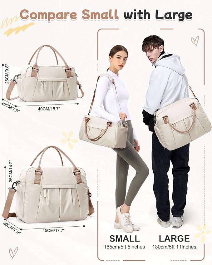 Gym Bag for Women, Large Travel Duffel Carry on Bag with Trolley Sleeve, Waterproof Weekender Bags with Shoe Compartment, Workout Overnight with Dry Wet Separated Pocket, Beige