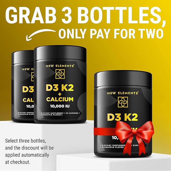 Vitamin D3 K2 Gummies 10000 IU with Calcium 100mg - VIT D3 for Adults - Mk7 Vitamin K2 100mcg - Vitamin D Supplement for Men & Women - Vegan Gluten Free Non-GMO