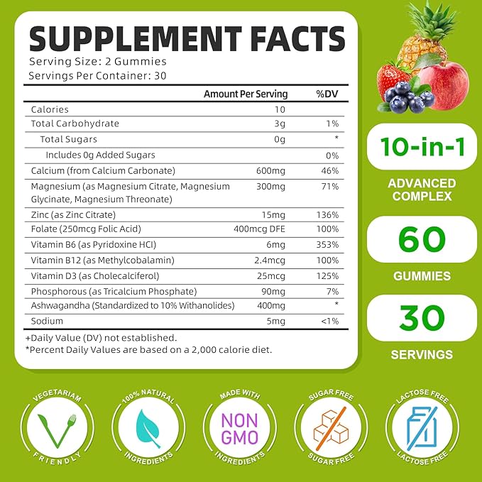 Calcium Magnesium Zinc Supplement with Vitamin D3, Sugar Free Calcium Gummies for Women Men, High Potency Magnesium Gummies for Bone & Muscle & Immune Health, Mixed Flavors - 60 Count