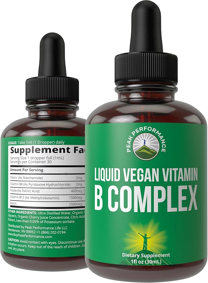 B Complex Liquid Drops Vegan Supplement. Best 5 B Vitamins with B3 Niacin, B6, B7 Biotin, B9 Folate, Methylcobalamin B12. B-Complex For Hair, Skin Nails, Energy. For Adults, Men, Women