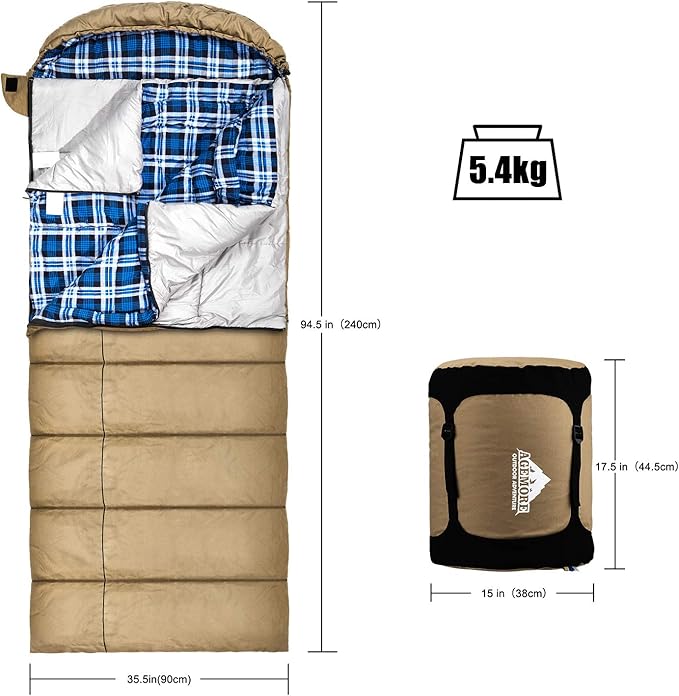 AGEMORE 0 Degree Canvas Sleeping Bag for Fishing, Hunting, Traveling and Camping Particularly in Cold Winter Outdoor with Removable Flannel Liner and Free Compression Sack for Big and Tall Adults