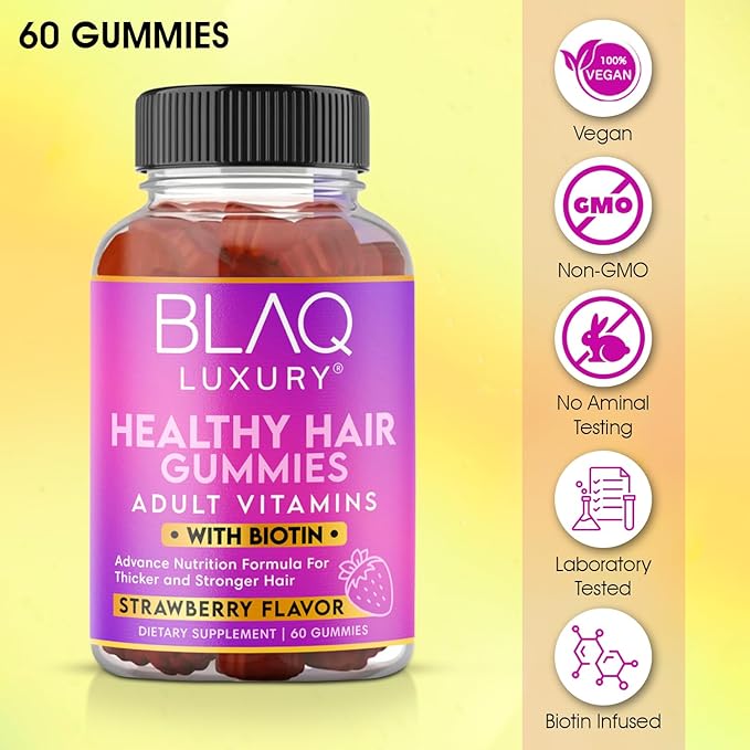 Blaq Luxury Biotin Gummies - Hair Growth Vitamins with 5000mcg Biotin per Serving | Vitamins B12, B6, Folic Acid, Iodine, Zinc | Hair Supplement for Hair Growth | for Women & Men | 1 Month Supply