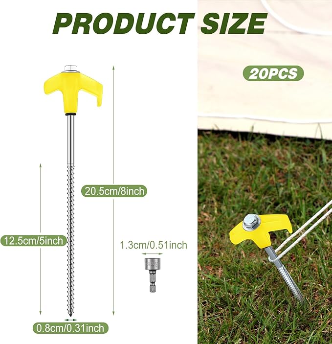 Hicarer 20 Pcs 8'' Screw in Tent Stakes Heavy Duty Ground Anchors Screw in Tent Pegs Ground Stakes Tent Spikes Metal Tent Spikes with Hex Head Driver for Camping Garden Canopies (Yellow)