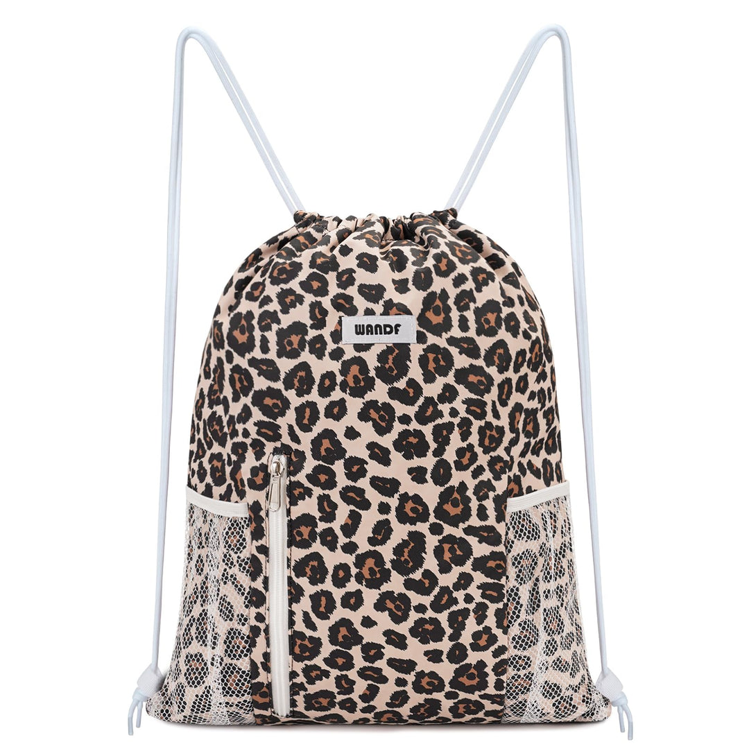 WANDF Drawstring Backpack Sports Gym Sackpack with Mesh Pockets Water Resistant String Bag for Women Men (Pink Leopard)