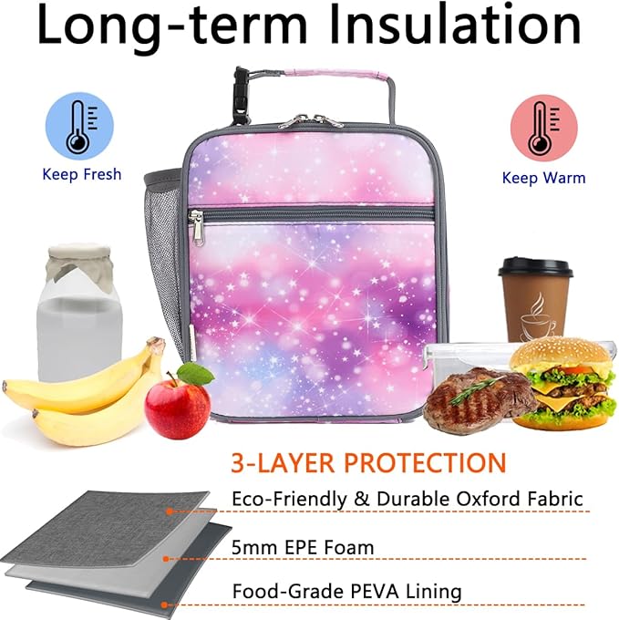Lunch Box for Kids Boys Girls Men Women, Insulated Small Soft Cooler Lunch Bag Kit for School Work Picnic Travel - Reusable Portable lunchbox,Galaxy