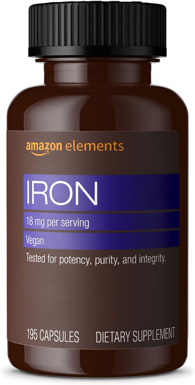 Amazon Elements Iron 18mg Capsules, Supports Red Blood Cell Production, Vegan, 195 Count, 6 month supply (Packaging may vary)