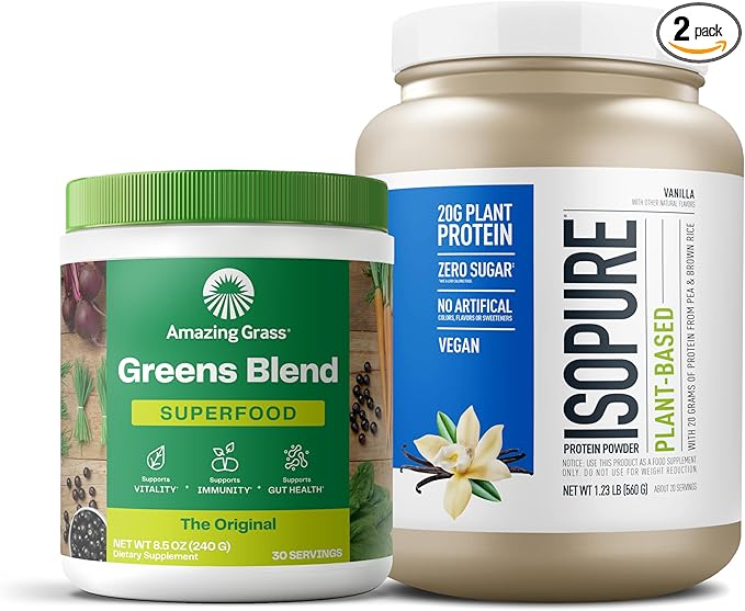 Bundle of Amazing Grass Greens Superfood Powder: Original, 30 Servings + Isopure Vanilla Vegan Protein Powder, Plant Based, Organic Pea Protein, Dairy Free, 20 Servings (Packaging May Vary)