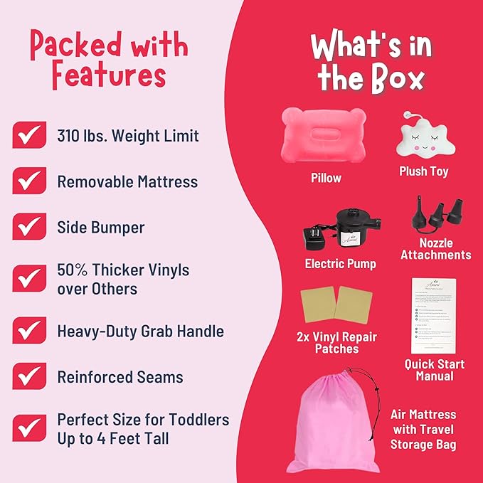 Asani Inflatable Toddler Travel Bed with Electric Pump, Leakproof Air Mattress w/Reinforced Protective Bumpers, Includes Carry Case and Pillow, Fits Kids Up to 4ft, for Camping & Sleepovers (Pink)