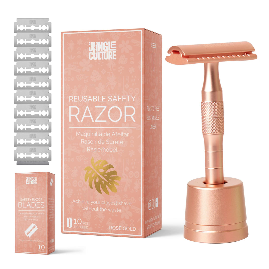 Jungle Culture Safety Razor & Stand with 10 Double Edge Blades • Single Blade Metal Razors for Women & Men for Body & Face • Eco Friendly & Reusable Shaver • Rose Gold