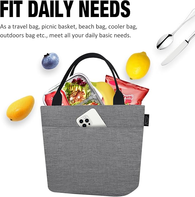 Aosbos Lunch Box for Women Lunch Bags for Adult Lunch Tote Bag Soft Cooler Bag Insulated Lunchbag Lunch Pail Lunch Kit Travel Tote Meal Prep Bento Bag Loncheras Para Mujer, Grey