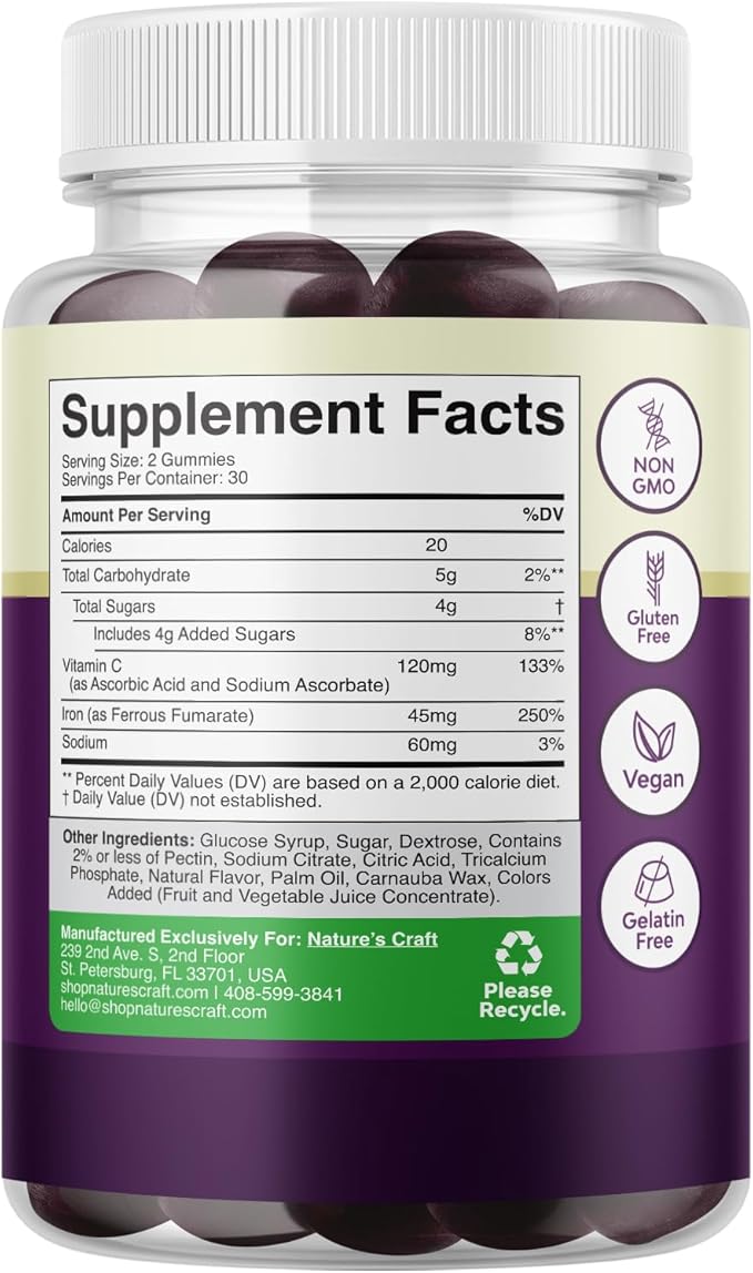 Extra Strength Iron Gummies for Women and Men - Potent 45mg per Serving Chewable Iron Supplement for Women and Men with Vitamin C for Higher Absorption - Vegan Daily Iron Gummy No Artificial Flavors