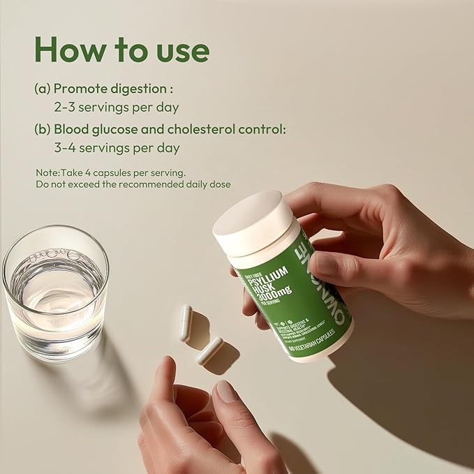 Psyllium Husk Capsules, Natural Fiber Supplement for Women & Men, 3000mg Psyllium Husk Powder per Serving, Vegan Colon Cleanser, Fiber Capsules for Overall Digestive Health, Easing Constipation