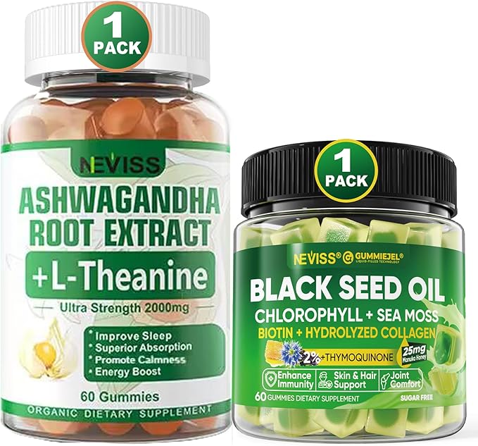 NEVISS Black Seed Oil Gummies, Chlorophyll & Sea Moss Supplement 500mg Ashwagandha Gummies 2000mg
