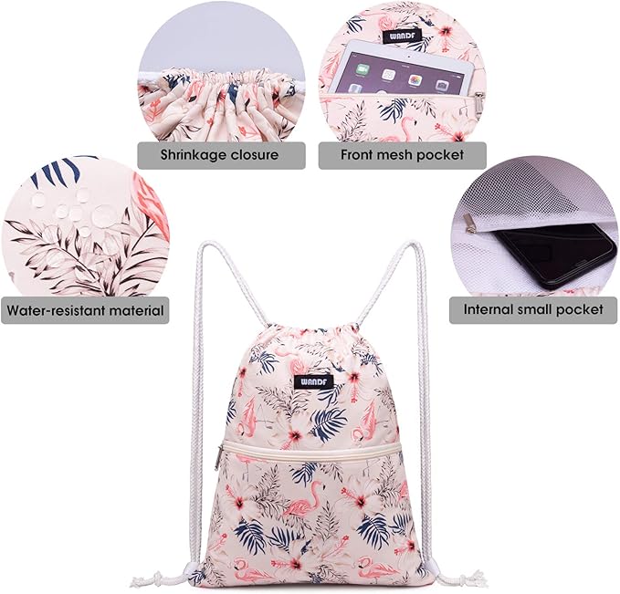 WANDF Drawstring Backpack String Bag Sackpack Cinch Water Resistant Nylon for Gym Shopping Sport Yoga (Flamingo)