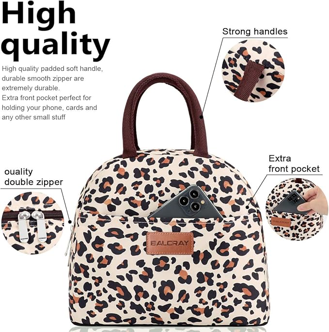 BALORAY Lunch Bag for Women Men Insulated Lunch Box for Adult Reusable Lunch Tote Bag for Work, Picnic or Travel (Beige with leopard)