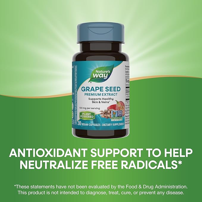 Nature's Way Grape Seed Premium Extract, Supports Healthy Skin and Veins*, Antioxidant Support*, Non-GMO Project Verified, 30 Vegan Capsules (Packaging May Vary)