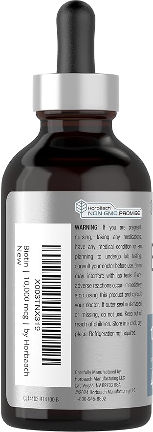 Horbäach Biotin Liquid Drops 10000mcg | 4 fl oz | Berry Flavor | Vegetarian, Non-GMO & Gluten Free Supplement