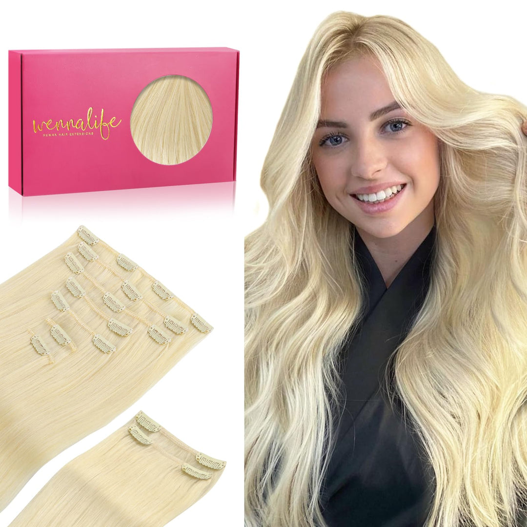 Wennalife Clip In Hair Extensions, 150G 18 Inch 9Pcs Bleach Blonde Human Hair Extensions Thicker Clip In Hair Extensions Real Hu