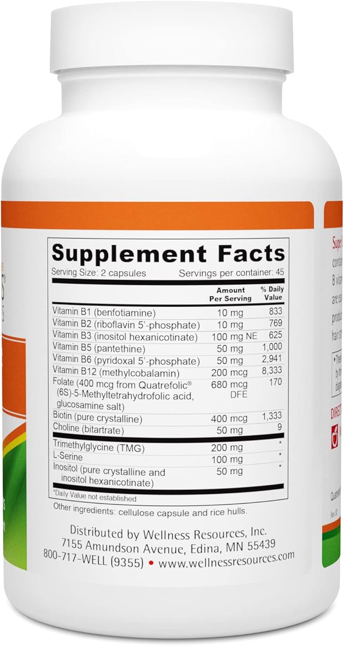 Wellness Resources Super Coenzyme B Complex - 90 Capsules - Vitamin B12, Vitamin B Complex for Hair Growth, Adrenal Support & Stress Relief - Methylated B12, Folate, Biotin, Riboflavin, Thiamine