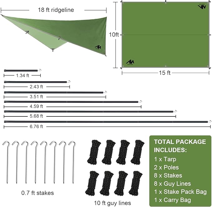 Camping Tarp with Poles - AYAMAYA Large Size 10x15 FT Tent Tarps - Waterproof Hammock Awnings Canopy Rain Fly Picnic Mat Survival Shelter for Backpacking Hiking Beach Sun Shade with Stakes & Guylines