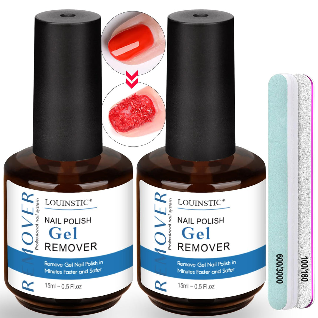 LOUINSTIC Gel Nail Polish Remover-2pcs Gel Polish Remover Kit with 100/180 & 600/3000 Grit Nail Files,2-5 Minutes Quick & Easy Gel Nail Polish Removal at Home, No Irritation,No Need to Soak or Wrap